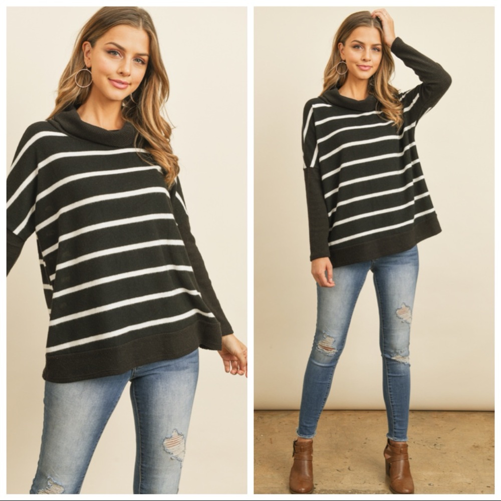 Chic Striped Cowl Neck Sweater
